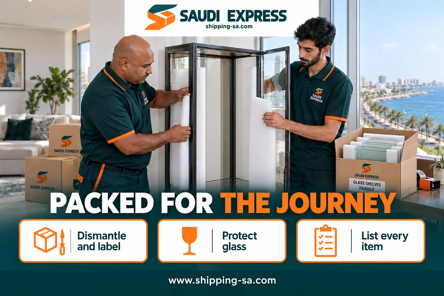 Emptying a glass cabinet and protecting shelves separately before a Jeddah move