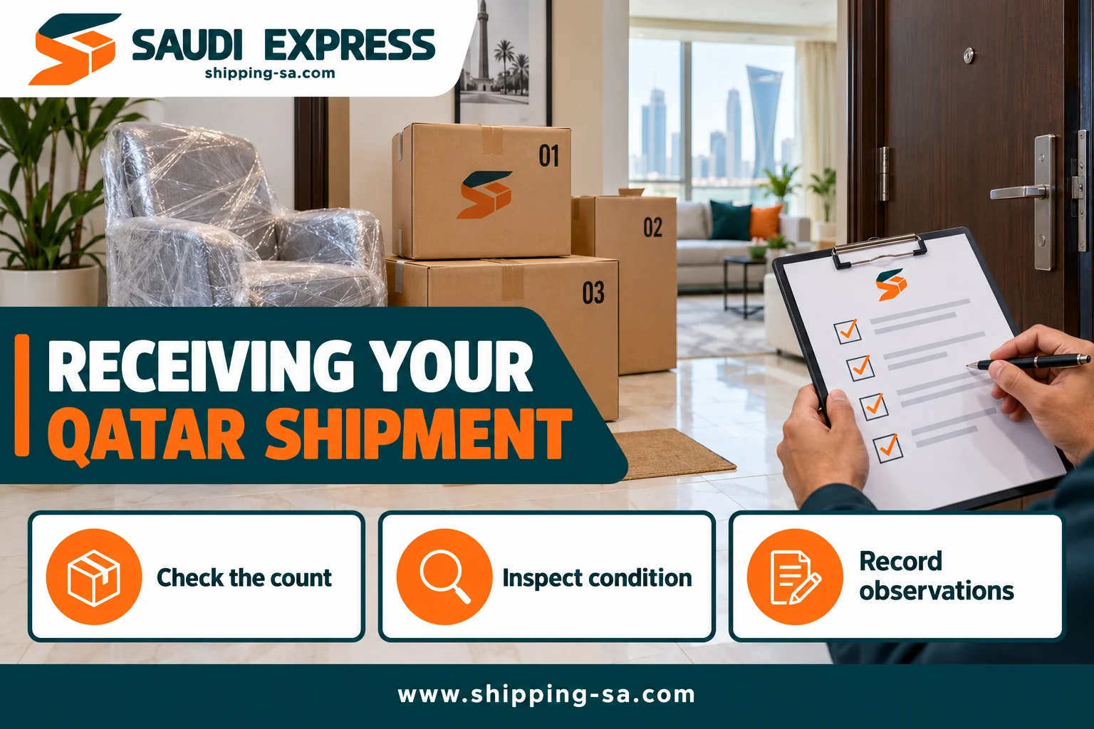 Receiving a Qatar shipment: match counts, inspect condition and record observations