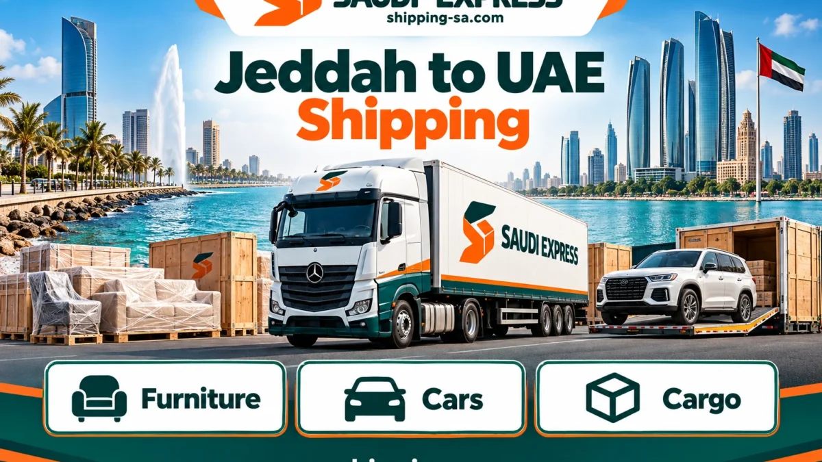 Jeddah to UAE shipping illustration with a truck, furniture and a vehicle
