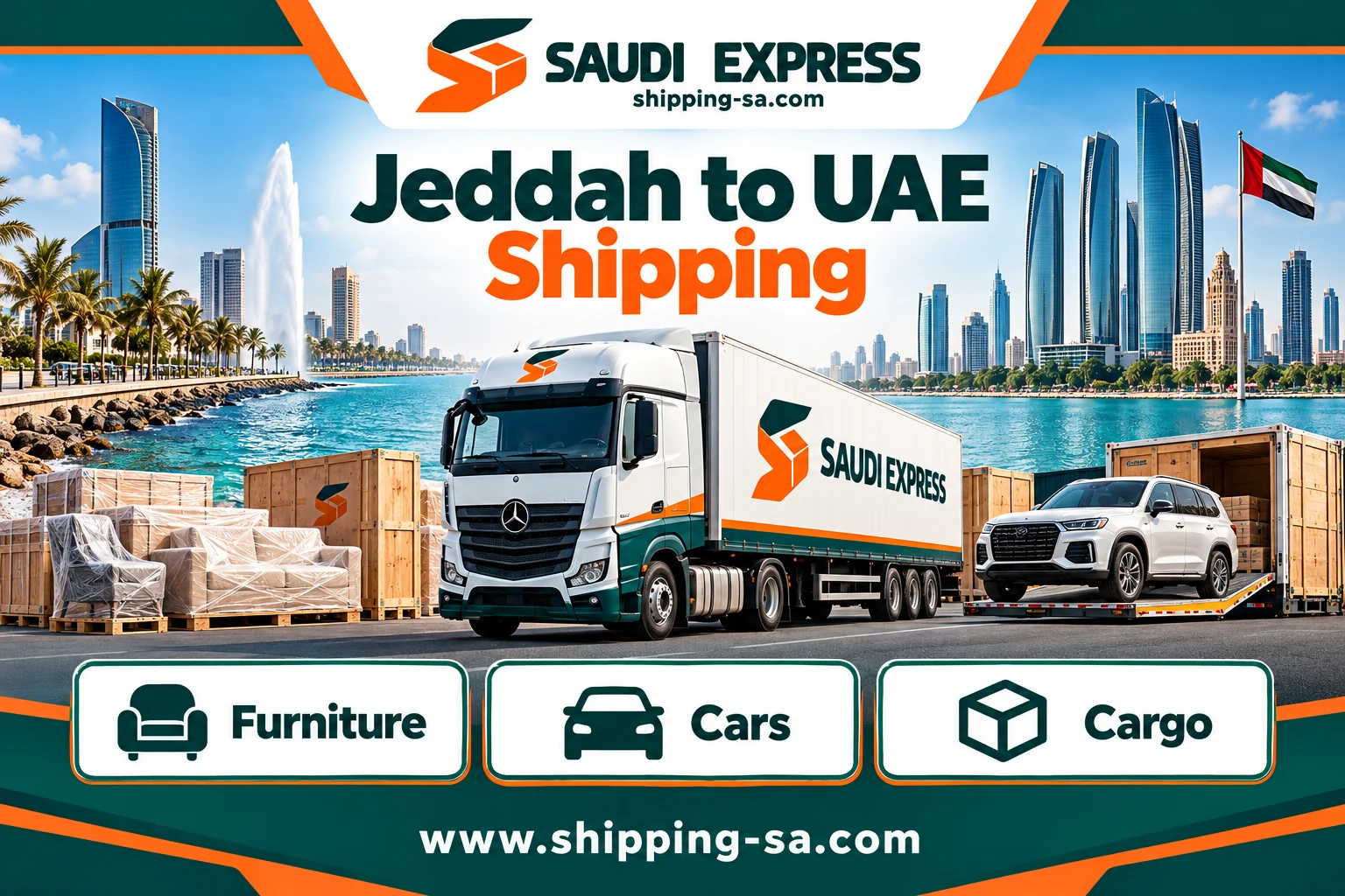 Jeddah to UAE shipping illustration with a truck, furniture and a vehicle