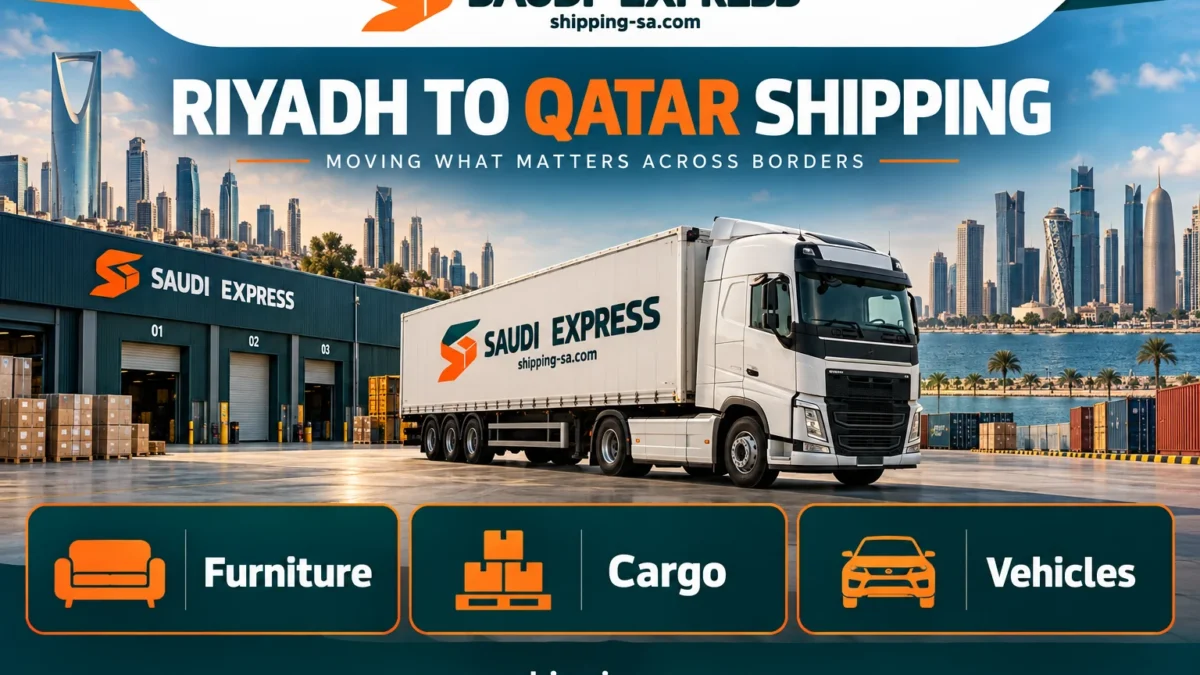 Riyadh to Qatar shipping illustration with furniture, cargo and vehicle services