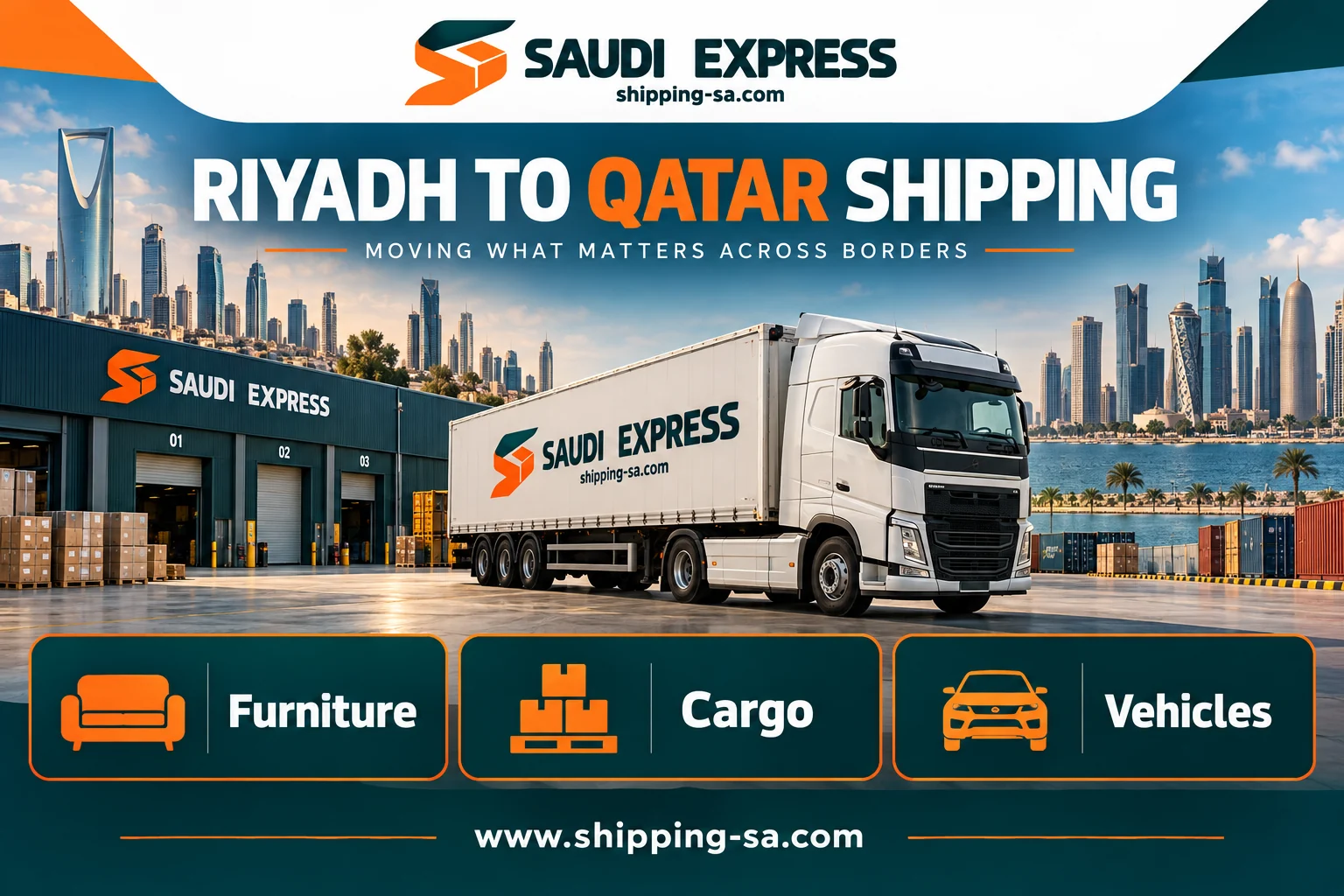 Riyadh to Qatar shipping illustration with furniture, cargo and vehicle services