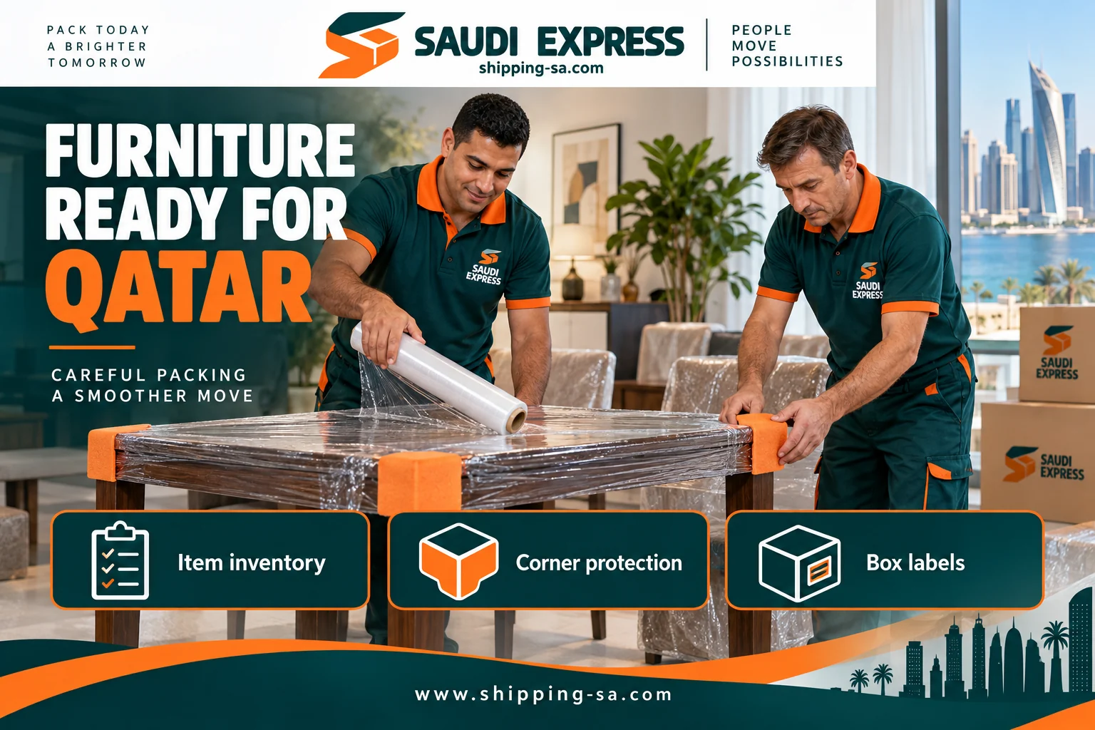 Preparing furniture for Qatar: inventory, corner protection and numbered boxes