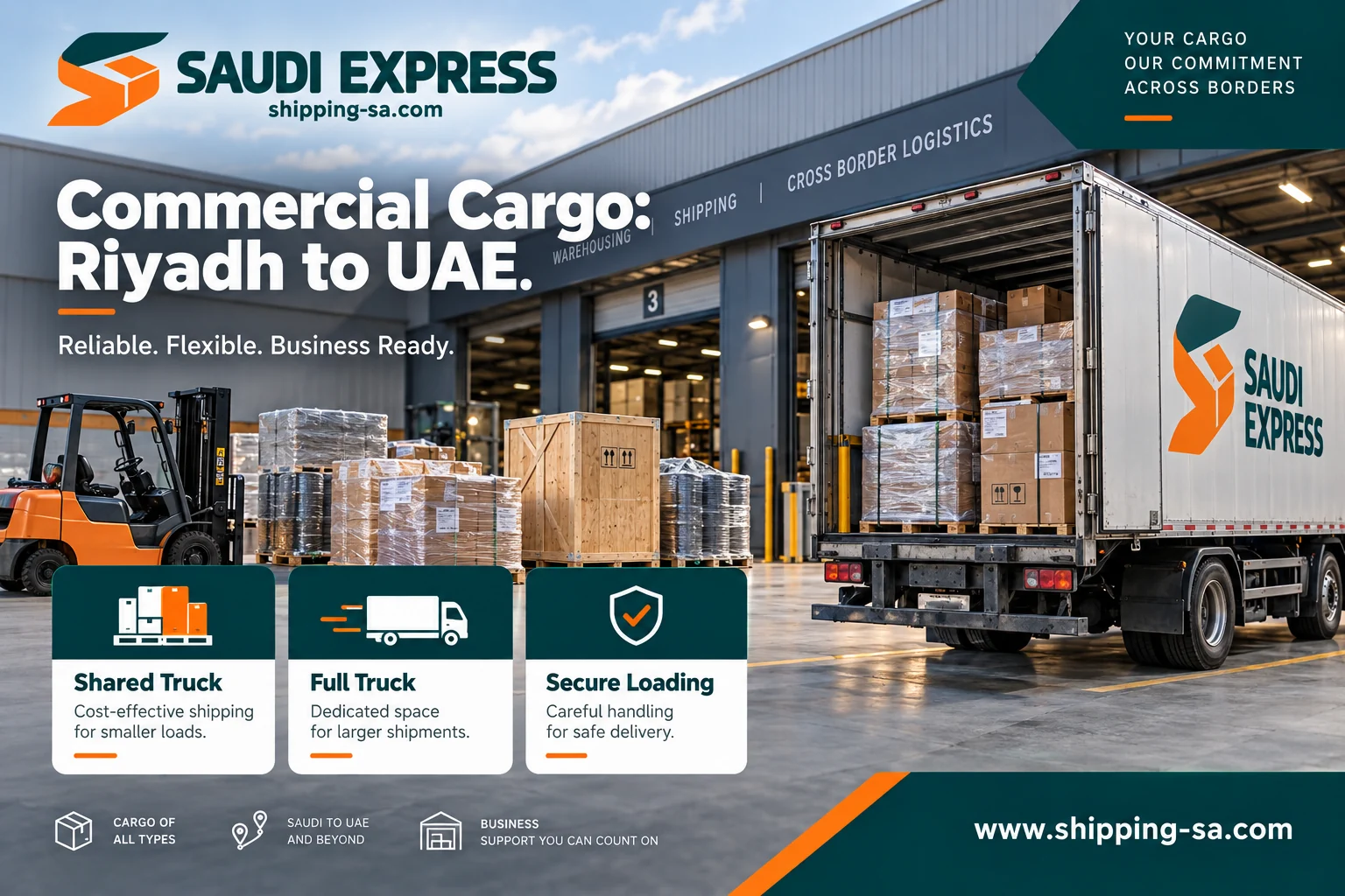 Commercial goods prepared for shared or full-truck transport from Riyadh to the UAE