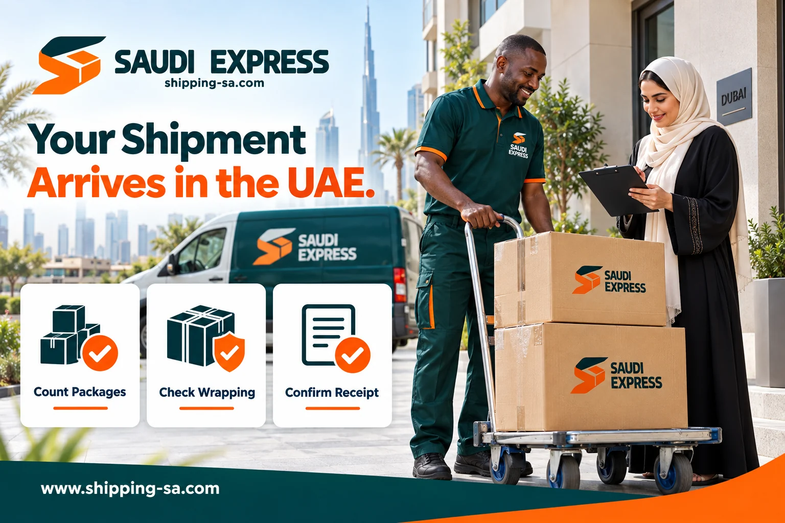 Counting packages, checking wrapping and confirming receipt in the UAE