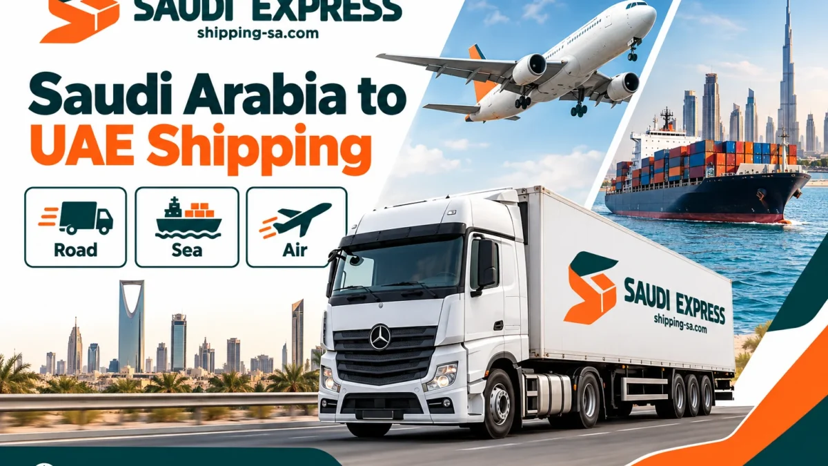 Road, sea and air shipping illustration from Saudi Arabia to the UAE