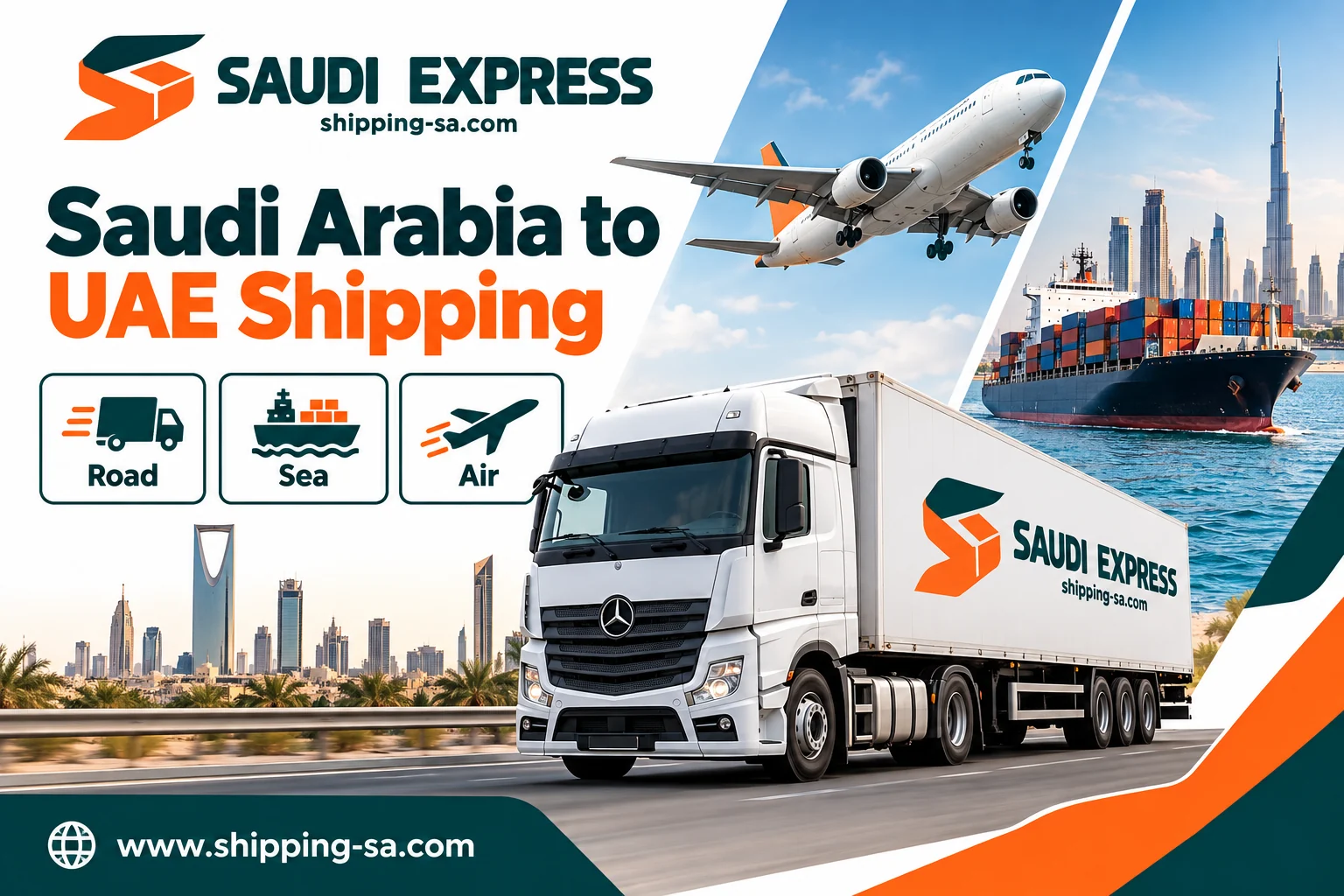 Road, sea and air shipping illustration from Saudi Arabia to the UAE
