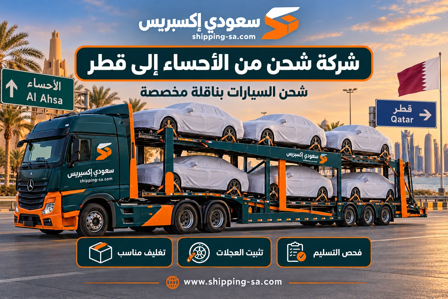 شركة شحن من الأحساء إلى قطر: ناقلة سيارات مخصصة مع أغطية حماية وتثبيت للعجلات
