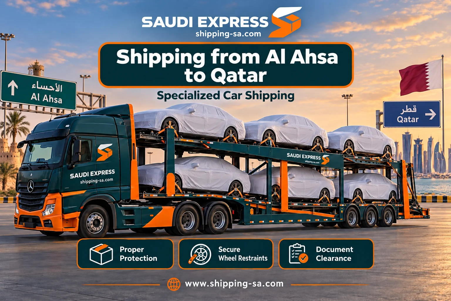 Shipping from Al Ahsa to Qatar: dedicated multi-car transporter with protective covers and wheel restraints