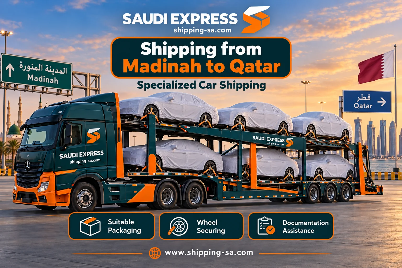Shipping from Madinah to Qatar: dedicated car transporter with protected and restrained vehicles