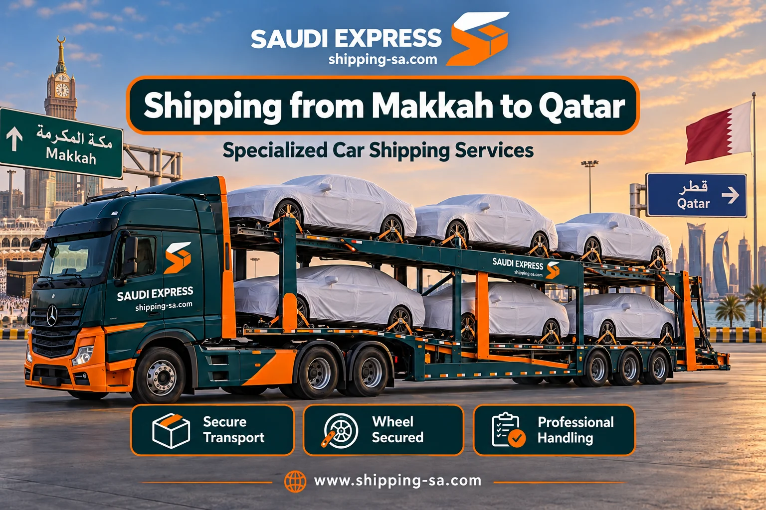 Shipping from Makkah to Qatar: dedicated car transporter with protected and restrained vehicles