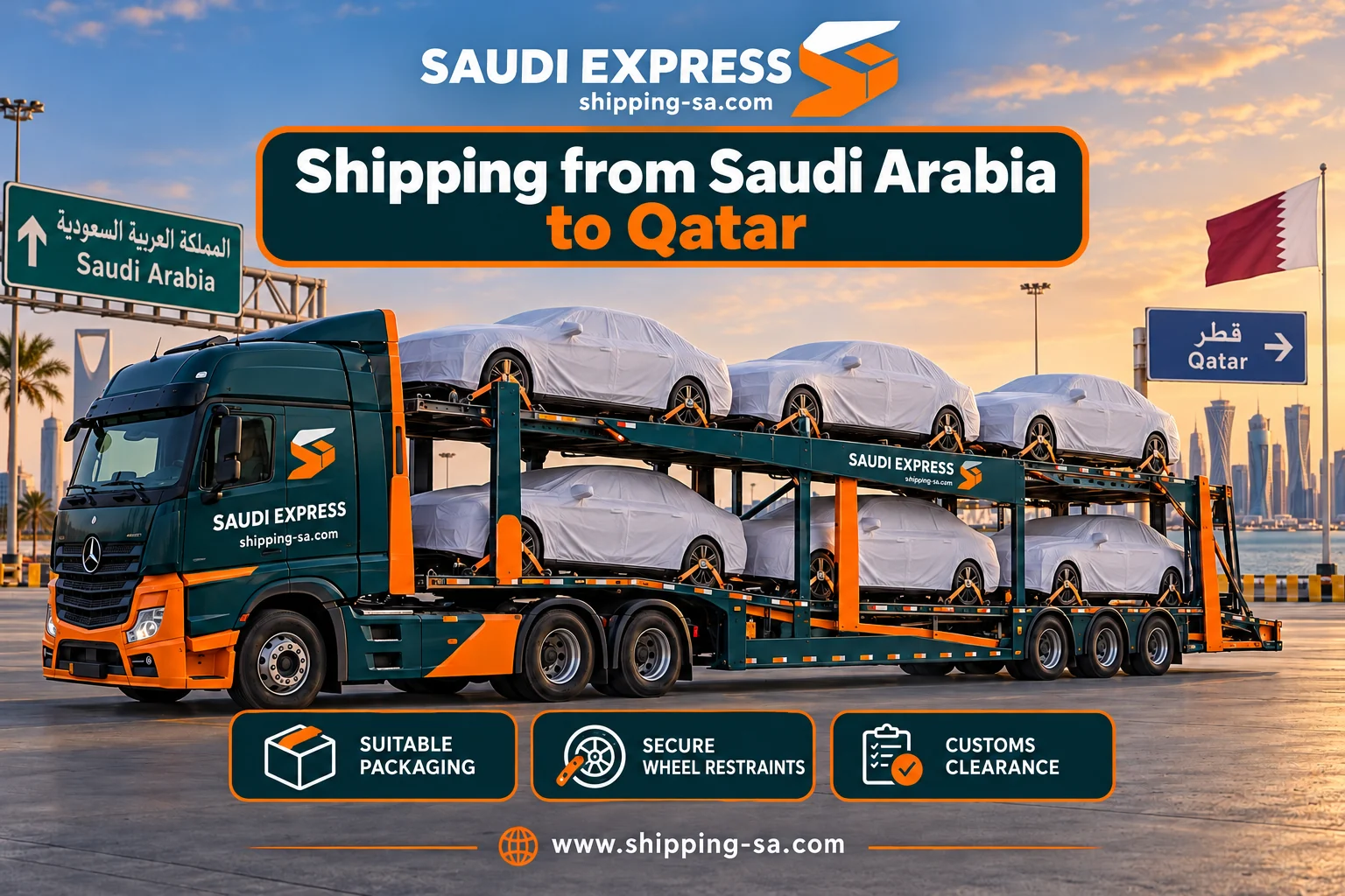 Shipping from Saudi Arabia to Qatar: dedicated car transporter with protected and restrained vehicles